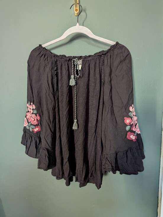Vintage America Tops - Vintage America Black Blouse with Gray Tassel Drawstring And Floral Embroidery
